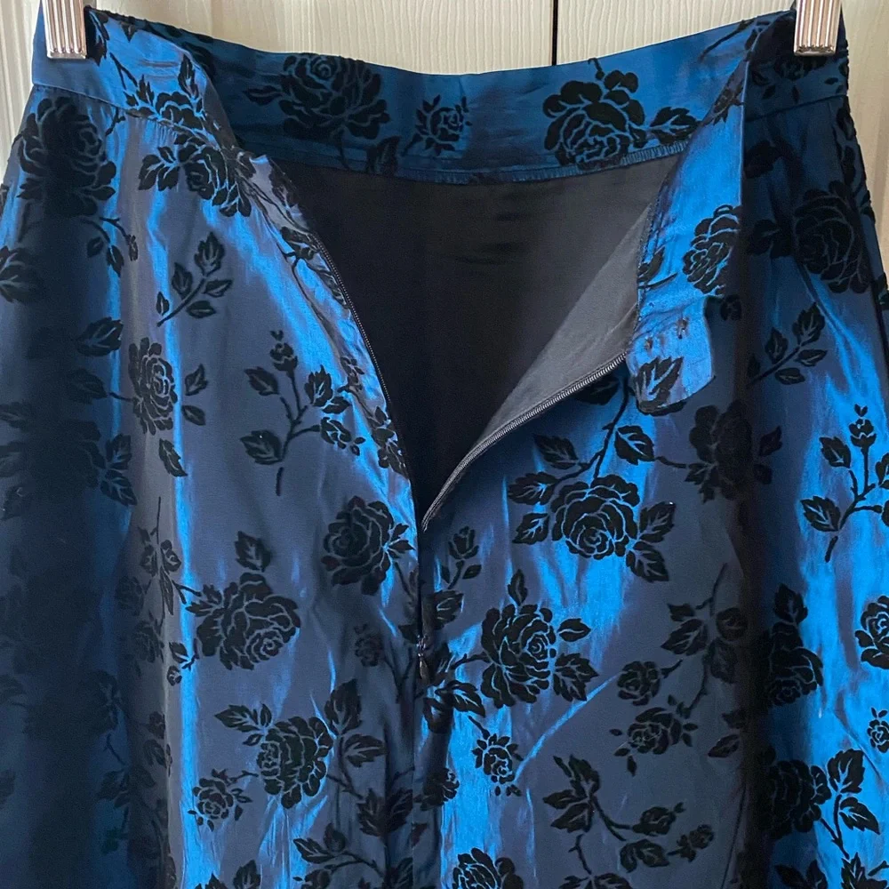 VINTAGE ALCHEMY Blue Iridescent Black Velvet Floral Burnout A-Line‎ Maxi Skirt 8